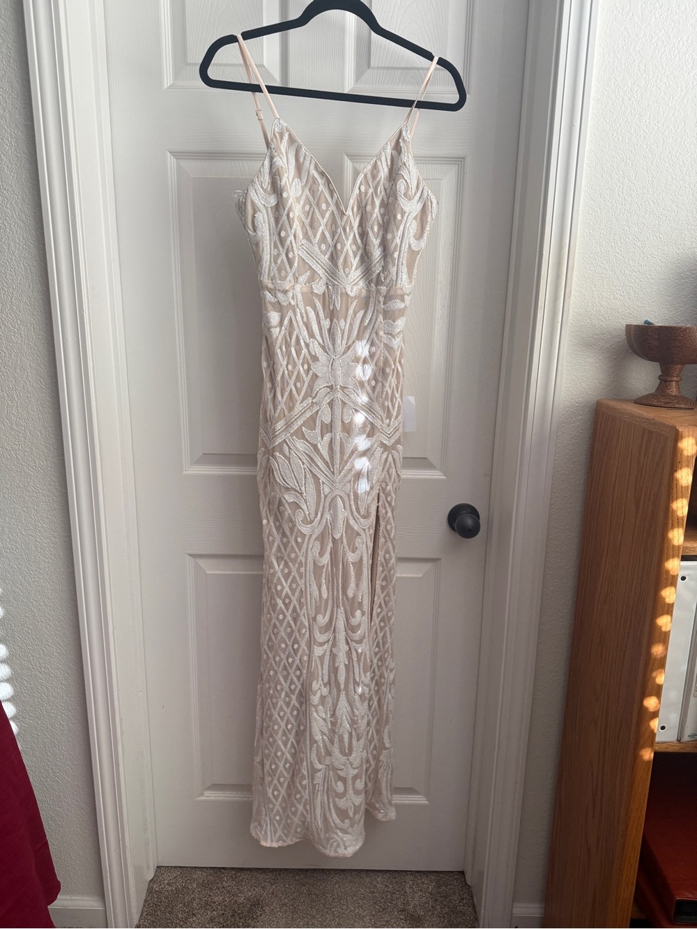 Lulu's Beige and White Sequin V-Neck Gown